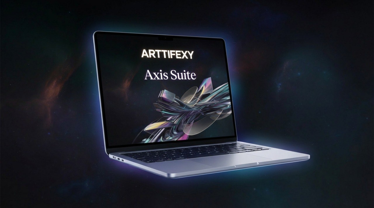 Laptop displaying 'Artifexy Axis Suite' on a dark background